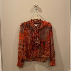 Nasty Gal Red patterned long sleeve top with neck tie Size XS
